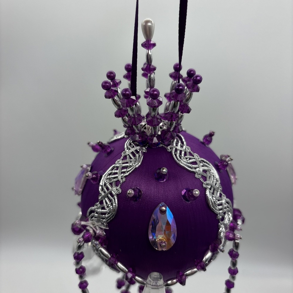 VINTAGE PUSH PIN ORNAMENT SEQUIN BEADED ORNATE CHRISTMAS TREE HANDMADE X3 Purple - Picture 3 of 16